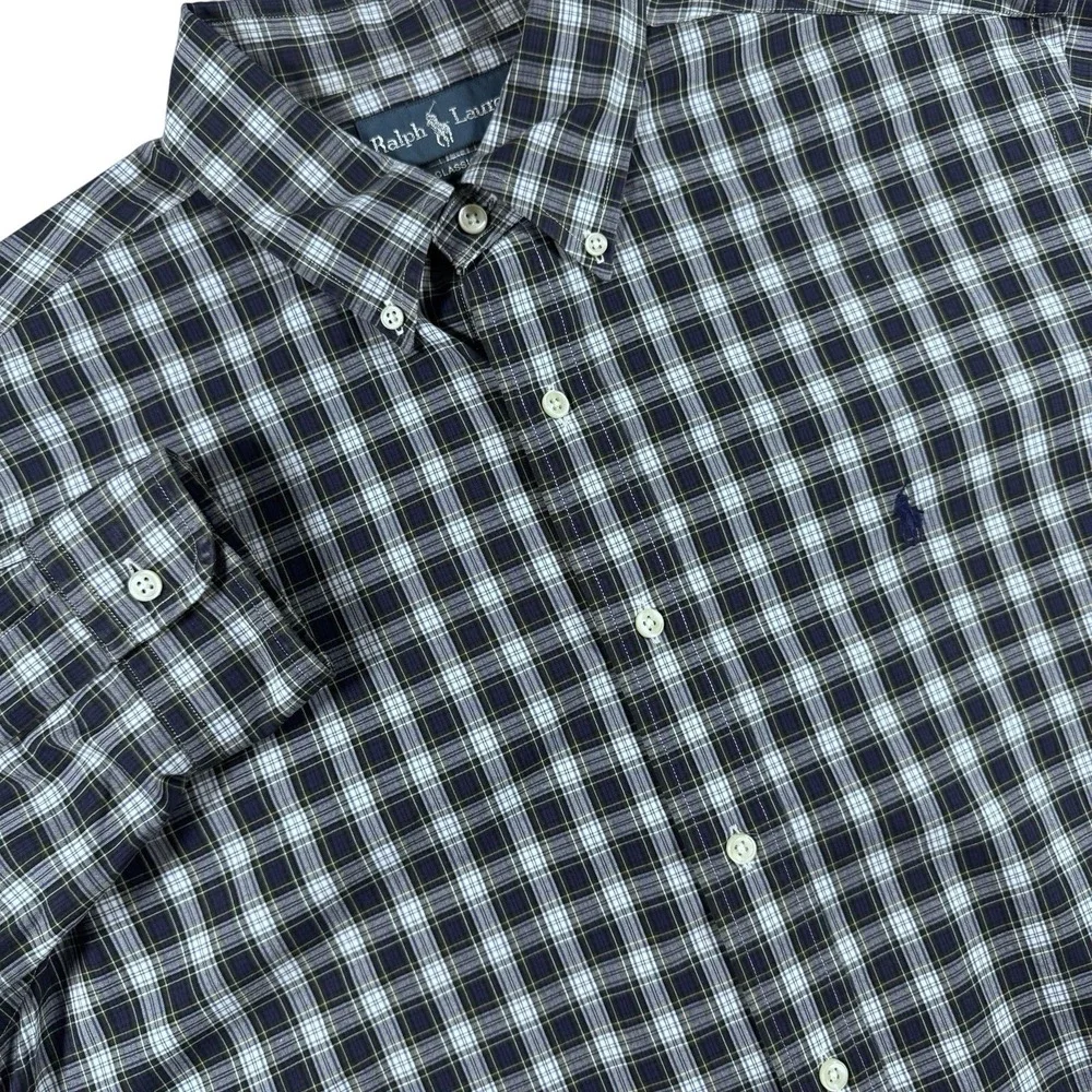 Polo Ralph Lauren Button Down Shirt Mens L Blue Green Plaid‎ Classic Fit